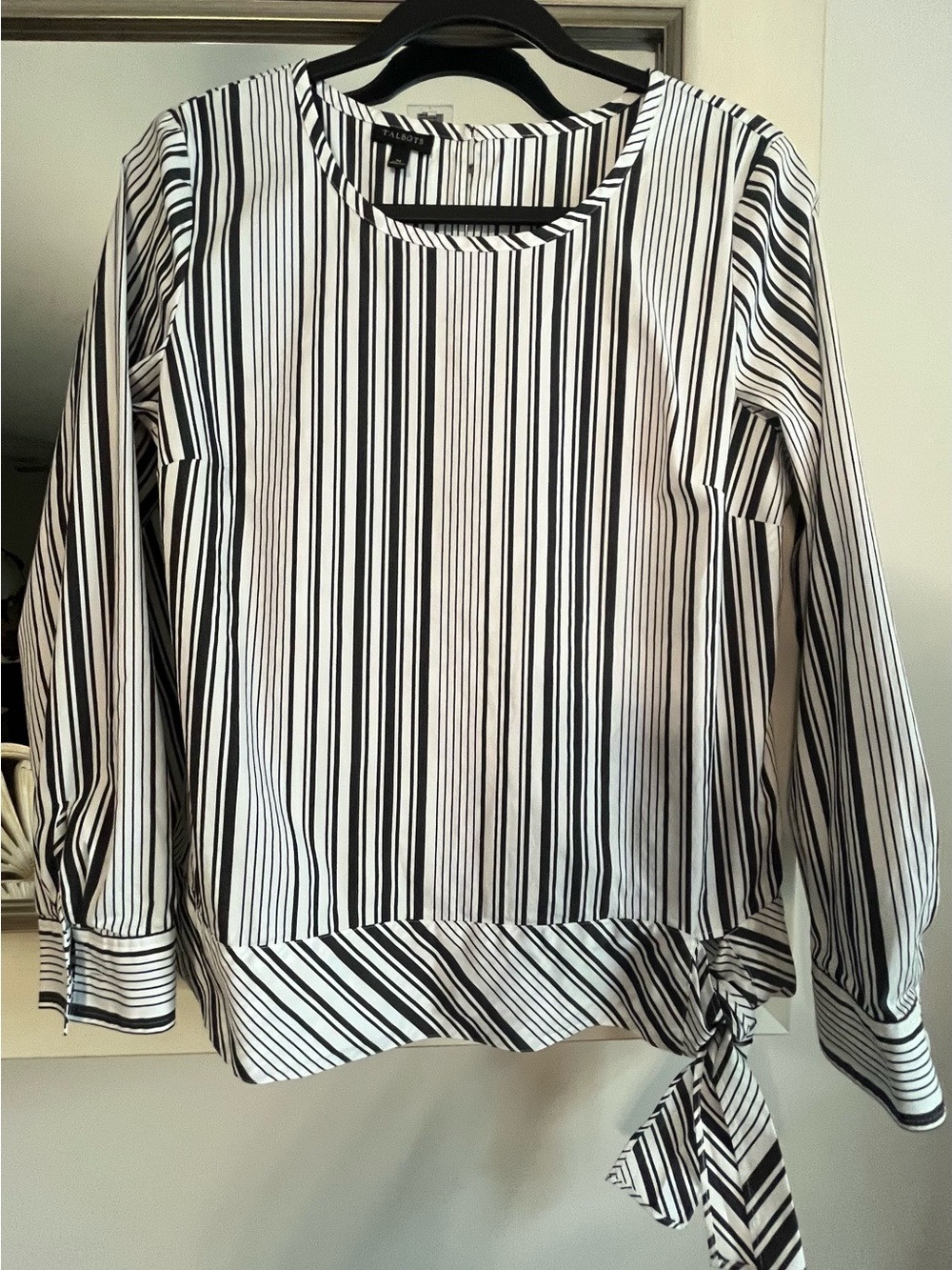Talbots Black and White Vertical Stripe Tie-Hem Blouse Size Medium